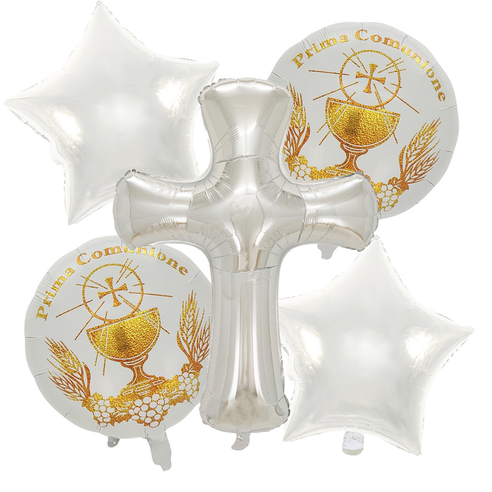 Ornament Ball Set - 5-Piece Set: 1 Silver Cross, 18inch