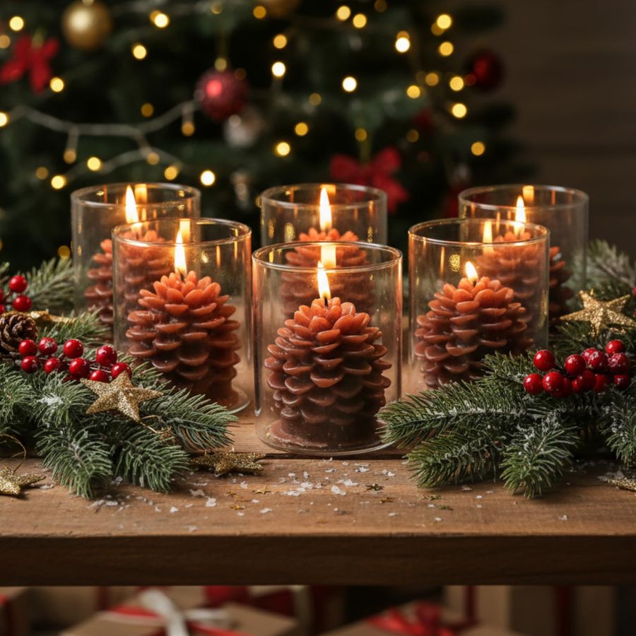 6 Sets Pine Cone Candles Flamm - Holiday Candle Set のレビューと価格