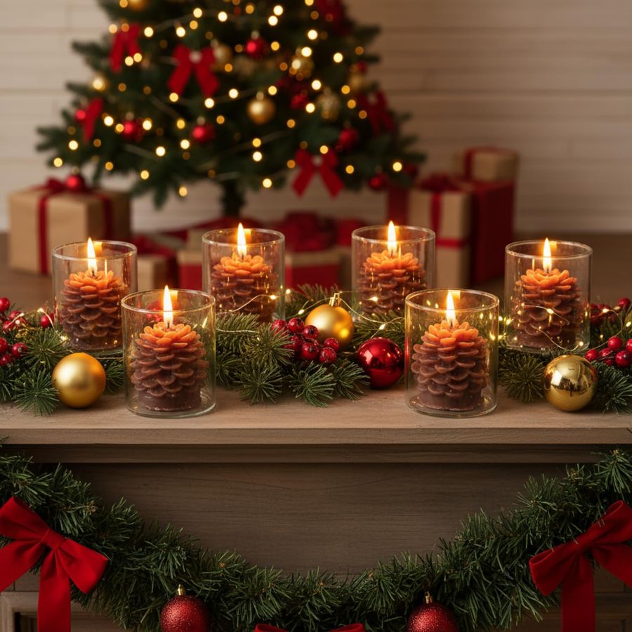 6 Sets Pine Cone Candles Flamm - Holiday Candle Set のレビューと価格