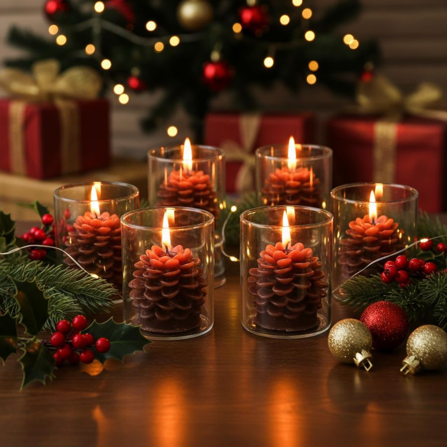 6 Sets Pine Cone Candles Flamm - Holiday Candle Set のレビューと価格